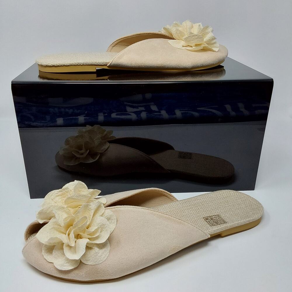 Women's Floral Slide Sandals Beige Linen Slip On Flats Size EU 42 US 11